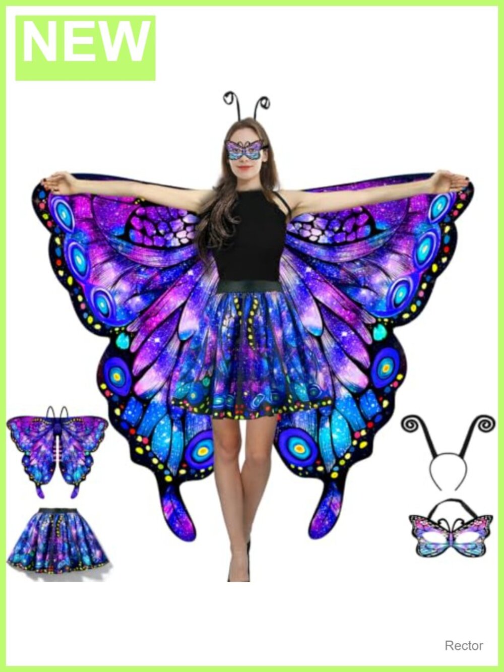 Double-Sided Butterfly Wings with Skirt, Mask, Headband for Women